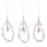 Acrylic Beads Mobile Straps, Resin Charm and Polyester Cords Mobile Accessories Decoration, Peach & Cherry & Strawberry, Pink, 17cm, 3pcs/set(HJEW-AB00038)
