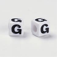 Letter Acrylic Beads, Cube, White, Letter G, Size: about 7mm wide, 7mm long, 7mm high, hole: 3.5mm, about 2000pcs/500g(PL37C9129-G)