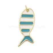 Rack Plating Brass Enamel Pendants, with Jump Ring, Long-Lasting Plated, Cadmium Free & Lead Free, Real 18K Gold Plated, Fish Charm, Dark Turquoise, 29x12x2mm, Hole: 3mm(KK-Z074-10G-01)