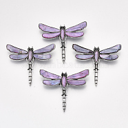 Freshwater Shell Brooches/Pendants, with Alloy Findings and Resin Bottom, Rhinestone, Dyed, Dragonfly, Antique Silver, Plum, 53x62x10mm, Hole: 5x4mm, Pin: 0.7mm(SHEL-S275-39F)