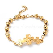 Vacuum Plating 304 Stainless Steel Clover Link Bracelet with Beaded Chains for Women, Golden, 7-1/4 inch(18.5cm)(BJEW-E108-08G)