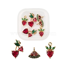 6Pcs Brass Micro Pave Colorful Cubic Zirconia Pendants, Long-Lasting Plated, Cherry, Strawberry, Watermelon, Mixed Color, 8~16.5x7~10x2.5~4mm, Hole: 0.9~1.2mm(KK-LS0001-39)