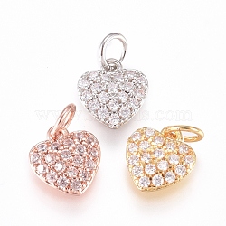 Brass Charms, with Micro Pave Cubic Zirconia and Jump Rings, Heart, Clear, Mixed Color, 7.5x7x2.5mm, Hole: 2.5mm(ZIRC-L070-85)