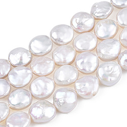 Baroque Natural Keshi Pearl Beads Strands, Freshwater Pearl, Flat Round, Seashell Color, 12~14x9~10x4~6mm, Hole: 0.6mm, about 31~34pcs/strand, 15.55~16.14''(39.5~41cm)(PEAR-S018-07A)