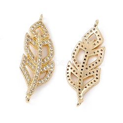 Brass Micro Pave Clear Cubic Zirconia Connector Charms, Leaf Links, Real 18K Gold Plated, 27.5x10x2mm, Hole: 1mm(KK-E068-VC074)