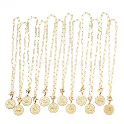 Flat Round with 12 Constellation/Zodiac Sign Pendant Necklaces Sets, with Brass Paperclip Chains, 304 Stainless Steel Pendants and Toggle Clasps, Real 18K Gold Plated, 12 Constellations, 18.5 inch(47cm), 12pcs/set(NJEW-JN03126)