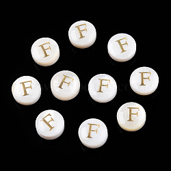 Natural Freshwater Shell Beads, with Golden Plated Brass Etched Metal Embellishments, Flat Round with Letter, Letter F, 7.5~8x4~5mm, Hole: 0.8mm(SHEL-N036-01F)