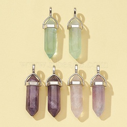 6Pcs 3 Styles Natural Mixed Stone Double Terminated Pointed Pendants, Natural Amethyst & Colorful Fluorite & Green Fluorite, Faceted Bullet Charm, with Random Alloy Pendant Hexagon Bead Cap Bails, Platinum, 37~40x12mm, Hole: 3x4mm, 2pcs/style(G-FS0002-48)