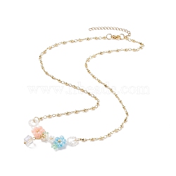 Glass Seed Braided Flower Pendant Necklace, Gold Plated Stainless Steel Jewelry for Women, Colorful, 21.65 inch(55cm)(NJEW-JN03934)