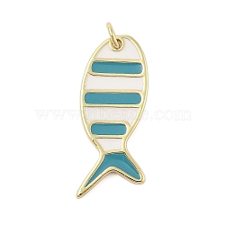 Rack Plating Brass Enamel Pendants, with Jump Ring, Long-Lasting Plated, Cadmium Free & Lead Free, Real 18K Gold Plated, Fish Charm, Dark Turquoise, 29x12x2mm, Hole: 3mm(KK-Z074-10G-01)