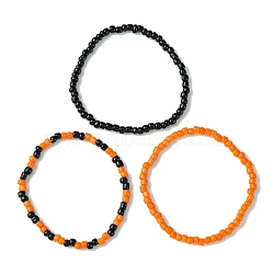 3Pcs 3 Styles Round Glass Seed Beaded Stretch Bracelet Sets, Stackable Bracelets, Black, Orange, Inner Diameter: 2-1/8 inch(5.5cm), 1pc/style(BJEW-JB10749-02)