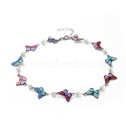 Link Chain Necklaces, with Glass Pearl, Butterfly Shape Alloy Enamel Links, Iron Twisted Chains and 304 Stainless Steel Lobster Claw Clasps, Colorful, 15.55 inch(39.5cm)(NJEW-JN02688)