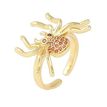 Halloween Spider Brass Rhinestone Open Cuff Rings, for Women, Real 18K Gold Plated, Spider: 19x26mm