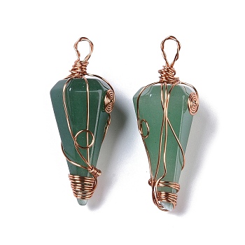 Natural Green Aventurine Copper Wire Wrapped Big Pendants, Faceted Cone Charms, Rose Gold, 50~50.5x16.5x18~19mm, Hole: 8x3.5~4mm
