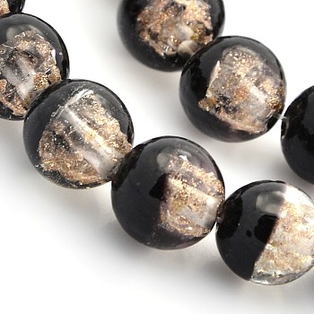 Handmade Two Tone Gold Sand Lampwork Round Beads Strands, Black, 12mm, Hole: 1.6~2mm, about 33pcs/strand, 15.7 inch