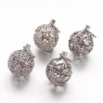 Eco-Friendly Rack Plating Brass Cage Pendants, For Chime Ball Pendant Necklaces Making, Hollow Round, Lead Free & Cadmium Free & Nickel Free, Platinum, 20x19x16mm, Hole: 3.5x4mm, inner diameter: 13mm