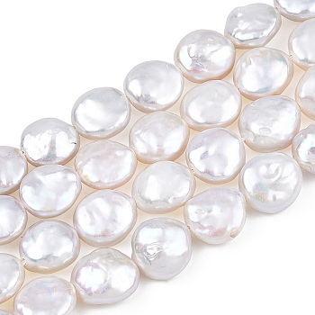 Baroque Natural Keshi Pearl Beads Strands, Freshwater Pearl, Flat Round, Seashell Color, 12~14x9~10x4~6mm, Hole: 0.6mm, about 31~34pcs/strand, 15.55~16.14''(39.5~41cm)