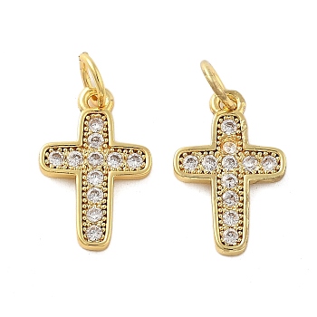Brass Micro Pave Cubic Zirconia Pendants, Cross, Lead Free & Cadmium Free, Long-Lasting Plated, Rack Plating, with Jump Ring, Real 18K Gold Plated, 15.5x10x1.5mm, Hole: 3mm