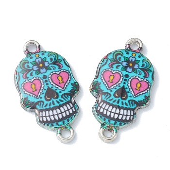 Alloy Enamel Links Connectors, Sugar Skull, for Mexico Holiday Day of the Dead, Platinum, Cyan, 25.5x13.5x2.5mm, Hole: 1.6mm