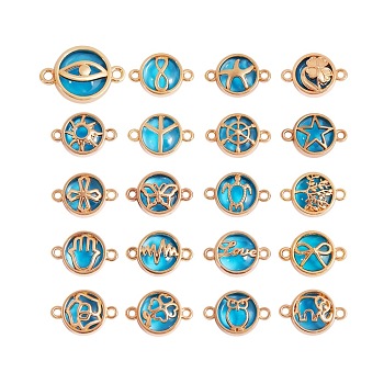 40Pcs 20 Style Glass Links/Connectors, with Light Gold Plated Alloy Findings, Flat Round with Mixed Patterns, Dodger Blue, 13.5x19.5x5.5mm, Hole: 1.6mm, 2pcs/style