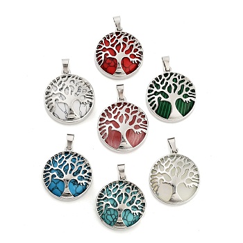 Natural & Synthetic Mixed Gemstone Pendants, Tree of Life Alloy Charms, Platinum, Mixed Dyed and Undyed, 29.5~31.5x26.5~27.5x8.5mm, Hole: 6x3.5mm