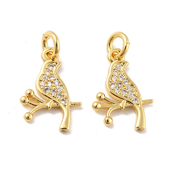 Bird Brass Micro Pave Clear Cubic Zirconia Pendants, with Jump Rings, Cadmium Free & Lead Free, Golden, 15x10.5x1.6mm, Hole: 2.8mm