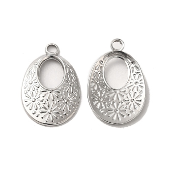 304 Stainless Steel Pendant, Oval with Flower Charm, Stainless Steel Color, 26x17x2.5mm, Hole: 3mm