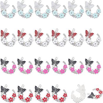 Nbeads 24Pcs 4 Colors Alloy Rhinestone Pendants, with Enamel, Platinum, Butterfly with Flower, Mixed Color, 22x29x2mm, Hole: 1.8mm, 6pcs/color