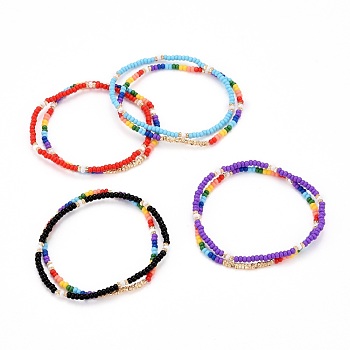 Glass Seed Beads Stretch Bracelets, with Brass Beads, Mixed Color, Inner Diameter: 2-1/4 inch(5.8cm), 2pcs/set