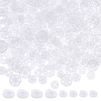 200 Pairs 2 Style Transparent Resin Snap Fasteners, Flat Round, Clear, 10~14.5x3.5~4mm, Hole: 1.2~3.5mm, 100 pairs/style