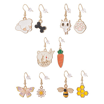 Alloy Enamel Pendant Dangle Earrings Sets, Asymmetrical Earrings, with Golden Tone 304 Stainless Steel Earring Hooks, Mixed Shapes, Mixed Color, 32~51mm, Pin: 0.7mm, 5 pairs/set