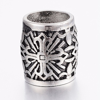 304 Stainless Steel Beads, Large Hole Beads, Barrel with Cross, Antique Silver, 14x12mm, Hole: 9mm