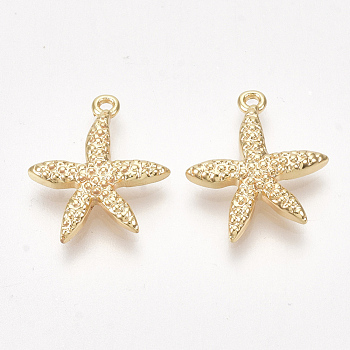 Brass Pendants, Starfish/Sea Stars, Nickel Free, Real 18K Gold Plated, 16x14x2.5mm, Hole: 1mm