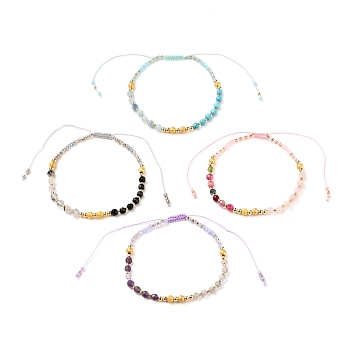 Adjustable Nylon Thread Braided Bead Bracelets, with Gemstone Beads, Glass Seed Beads and Brass Beads, Real 18K Gold Plated, 2-3/8~3-7/8 inch(5.9~10.1cm)