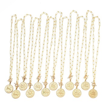Flat Round with 12 Constellation/Zodiac Sign Pendant Necklaces Sets, with Brass Paperclip Chains, 304 Stainless Steel Pendants and Toggle Clasps, Real 18K Gold Plated, 12 Constellations, 18.5 inch(47cm), 12pcs/set