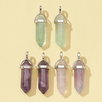6Pcs 3 Styles Natural Mixed Stone Double Terminated Pointed Pendants, Natural Amethyst & Colorful Fluorite & Green Fluorite, Faceted Bullet Charm, with Random Alloy Pendant Hexagon Bead Cap Bails, Platinum, 37~40x12mm, Hole: 3x4mm, 2pcs/style