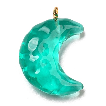 Transparent Resin Moon Pendants, Crescent Moon Charms with Light Gold Plated Iron Loops, Light Sea Green, 28x20x9.5mm, Hole: 1.8mm