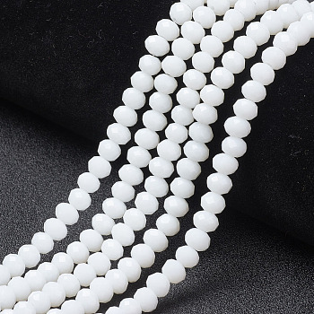 Opaque Solid Color Glass Beads Strands, Faceted, Rondelle, White, 10x8mm, Hole: 1mm, about 65~66pcs/strand, 20.8~21.2 inch(53~54cm)