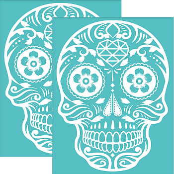 Self-Adhesive Silk Screen Printing Stencil, for Painting on Wood, DIY Decoration T-Shirt Fabric, Turquoise, Skull Pattern, 280x220mm
