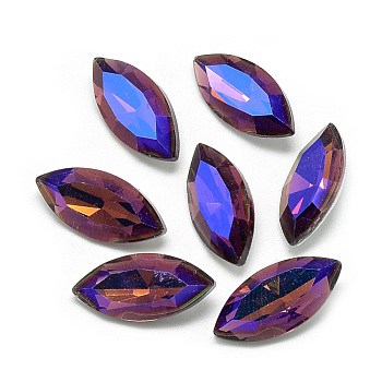 Pointed Back Glass Rhinestone Cabochons, Back Plated, Faceted, AB Color Plated, Horse Eye, Dark Red, 15x7x4mm