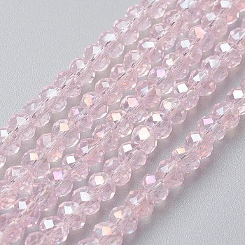 Electroplate Glass Beads Strands, Full Rainbow Plated, Faceted, Rondelle, Pink, 4~4.5x3mm, Hole: 0.5mm, about 113~115pcs/strand, 41~42cm