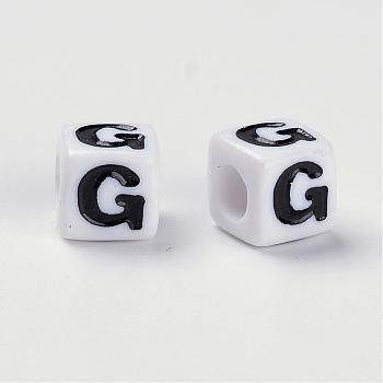 Letter Acrylic Beads, Cube, White, Letter G, Size: about 7mm wide, 7mm long, 7mm high, hole: 3.5mm, about 2000pcs/500g