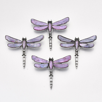 Freshwater Shell Brooches/Pendants, with Alloy Findings and Resin Bottom, Rhinestone, Dyed, Dragonfly, Antique Silver, Plum, 53x62x10mm, Hole: 5x4mm, Pin: 0.7mm