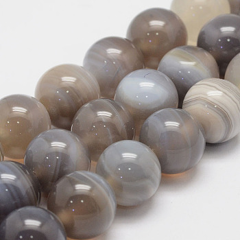 Natural Striped Agate/Banded Agate Bead Strands, Round, Grade A, Gray, 14mm, Hole: 1mm, about 27~28pcs/strand, 14.5 inch