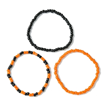 3Pcs 3 Styles Round Glass Seed Beaded Stretch Bracelet Sets, Stackable Bracelets, Black, Orange, Inner Diameter: 2-1/8 inch(5.5cm), 1pc/style