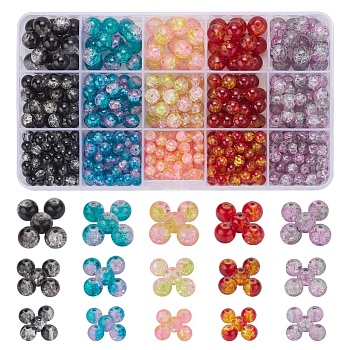 585Pcs 15 Style Spray Painted Crackle Glass Beads Strands, Round, Two Tone, Mixed Color, 6~10mm, Hole: 1.3~1.6mm