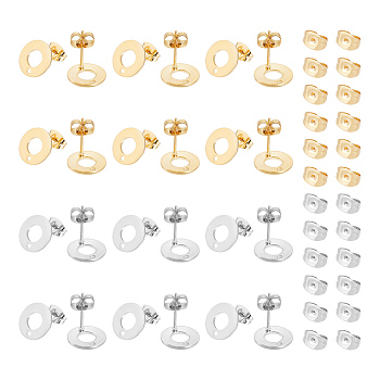 40Pcs 2 Color 304 Stainless Steel Stud Earring Findings, Donut, with 40Pcs Ear Nuts, Golden & Stainless Steel Color, 10.3mm, Hole: 1.3mm, Pin: 0.7mm, 20Pcs/color