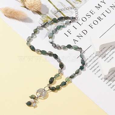 Natural Moss Agate & Pearl & Cubic Zirconia Tree of Life Pendant Necklace(NJEW-JN04335-02)-2