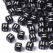 Opaque Acrylic Beads, Horizontal Hole, Alphabet Style, Cube, Black & White, Letter.H, 5x5x5mm, Hole: 2mm, about 5000pcs/500g(SACR-N002-01H)