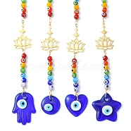 Evil Eye Lampwork Beaded Pendant Decorations, with 201 Stainless Steel Lotus Hanging Ornaments, Star/Heart/Flat Round/Hamsa Hand, 275~295mm(HJEW-JM01127)